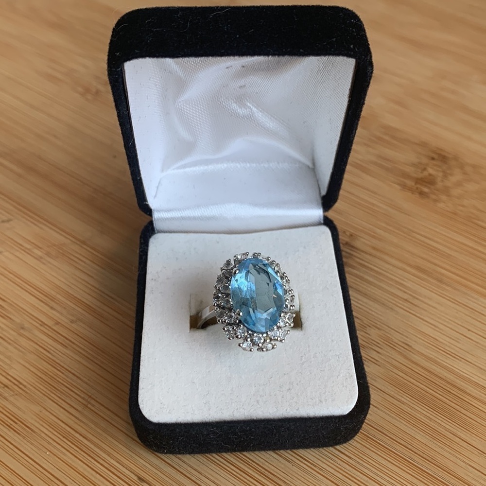 Statement Simulated Crystal Diamond & Blue Stone Marked “925 Spain” Ring